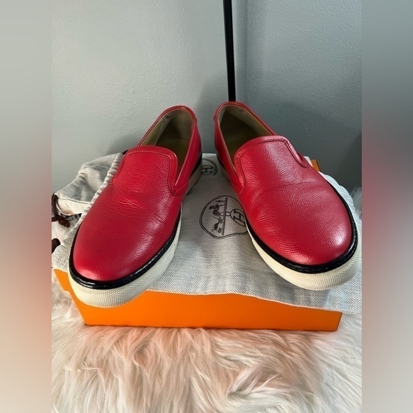 HERMES Kick Slip-On Sneakers Epsom Rouge 38.5 - Picture 1 of 17